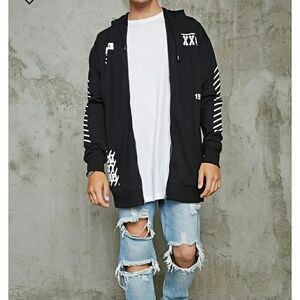 Forever 21 Men Long Cut Hoodie Jacket Sweater Black White